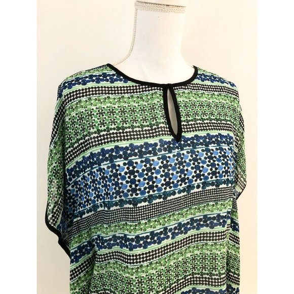 NWT Calvin Klein Chiffon Caftan Blouse XS Green Blue Geometric Tunic Top Keyhole - Picture 3 of 12